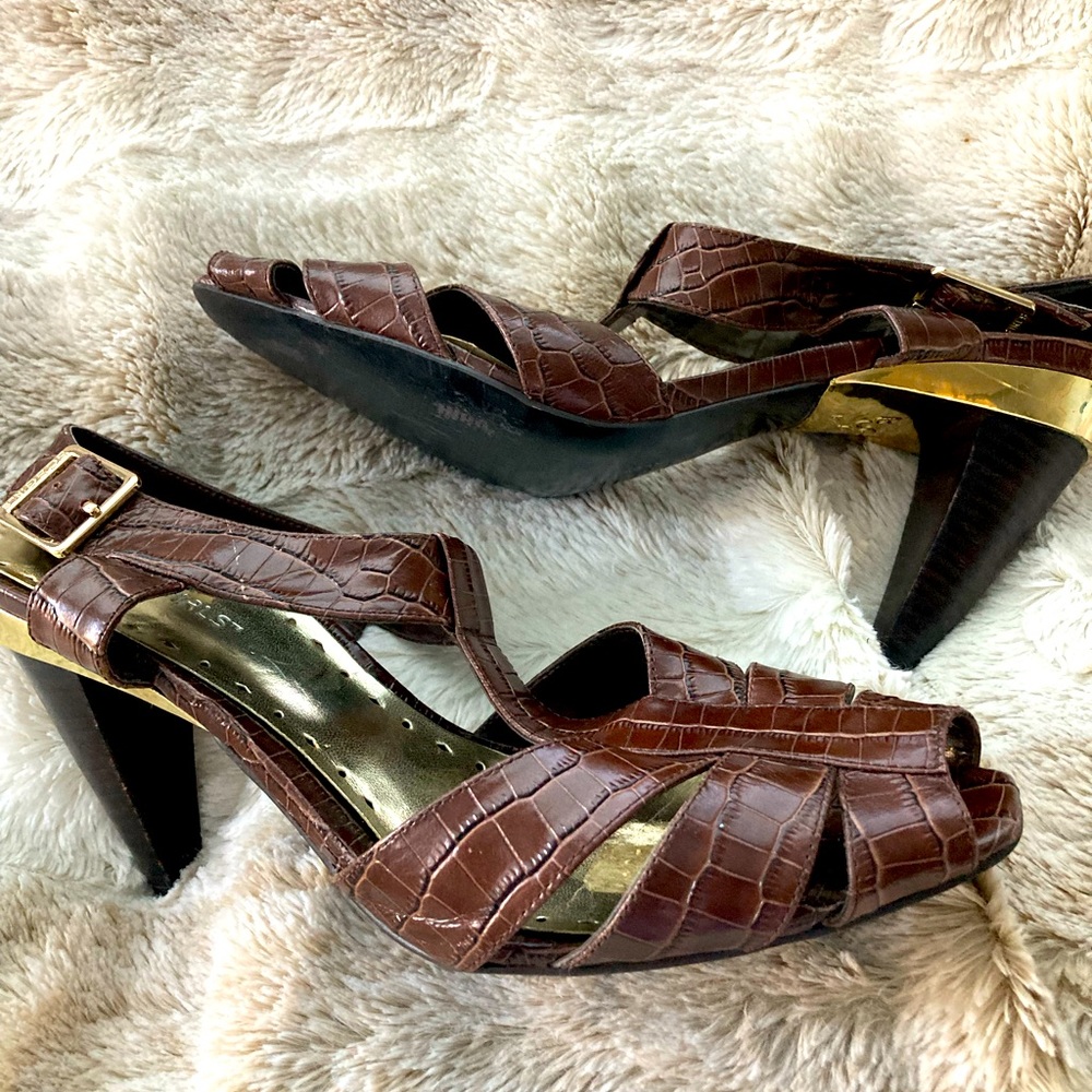 BCBG Leather and Brass Heels